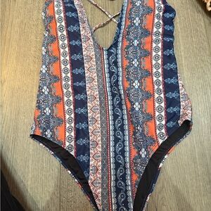Striped Paisley One-Piece Swimsuit in Navy and Coral